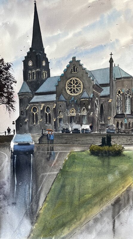 Akvarell Lysekils kyrka av Benny Stigsson