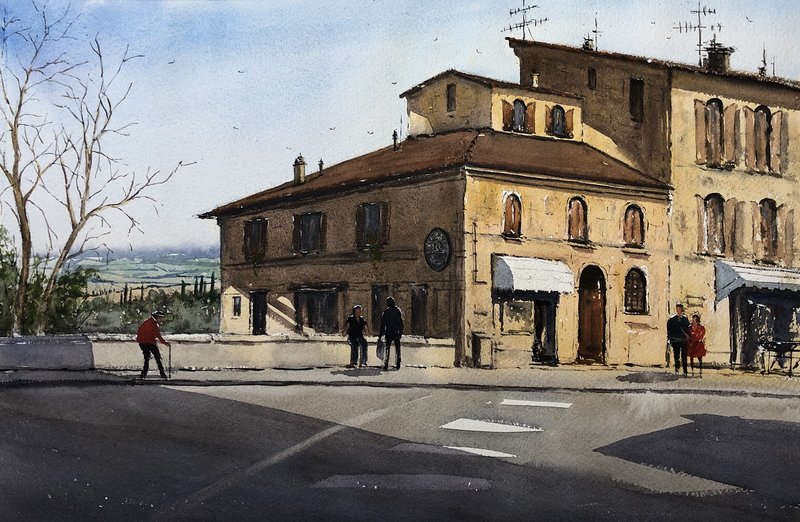 Akvarell San Gimignano, Italien av Benny Stigsson