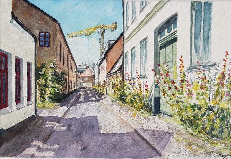 Akvarell Sommarlov på Lilla Algatan i Lund av Frank Varg Thorbjörnsson