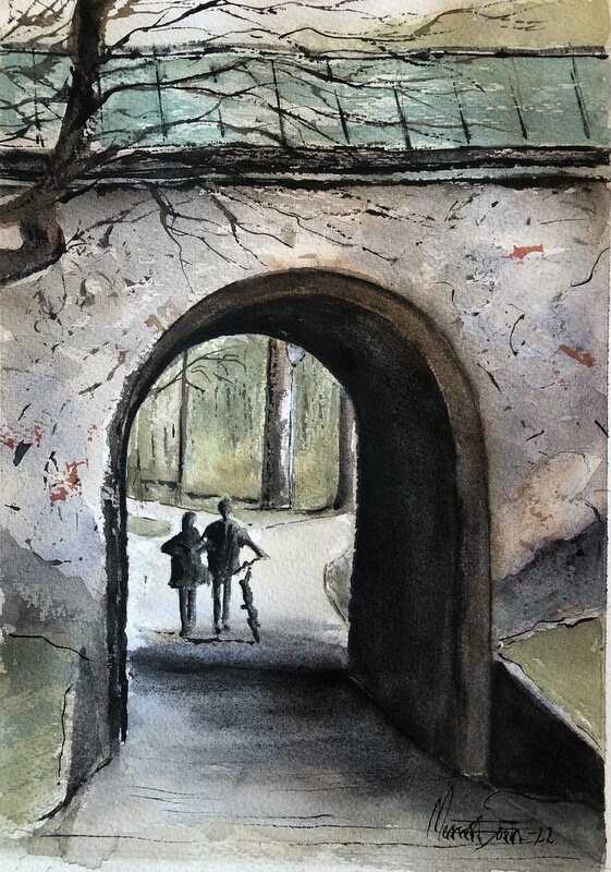 Akvarell ”Vi går mot Uppsala Slott”, Märith Sovin