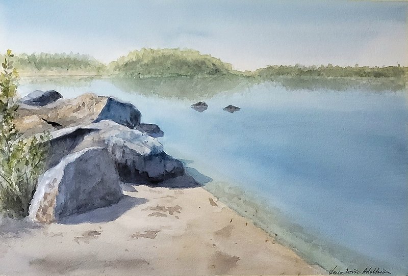 Akvarell Umeälvens strand av Lena Bovin Adolfsson