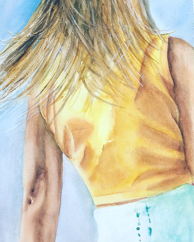 Akvarell Flicka med gul t skirt av Ewa Helzen