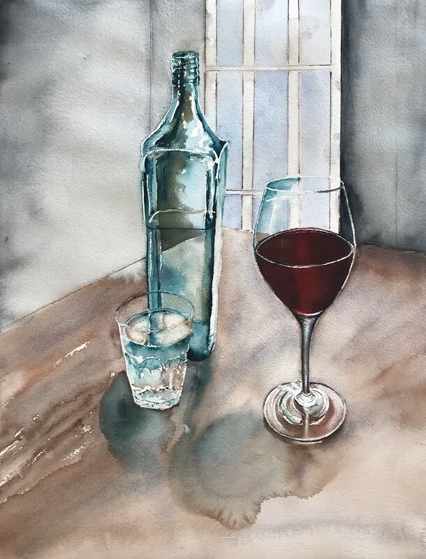 Akvarell Ett glas rött, Ewa Helzen