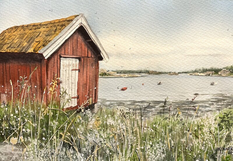 Akvarell Fiskeboden av Kristina Dunér