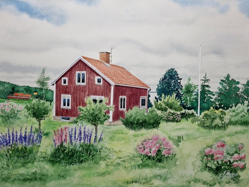 Akvarell Huset i Hjulbäck, Dalarna av Alicia Bremberg