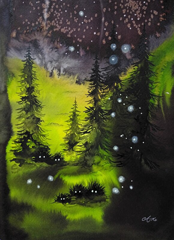 Akvarell Oknytt grönska av Anna Komstadius