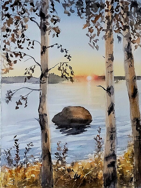 Akvarell Kvällssol i augusti av Lena Bovin Adolfsson