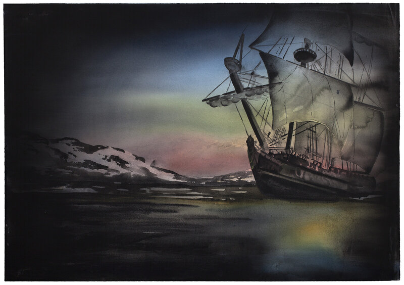 Akvarell Fartyg i fjorden, Daniel Zausnig
