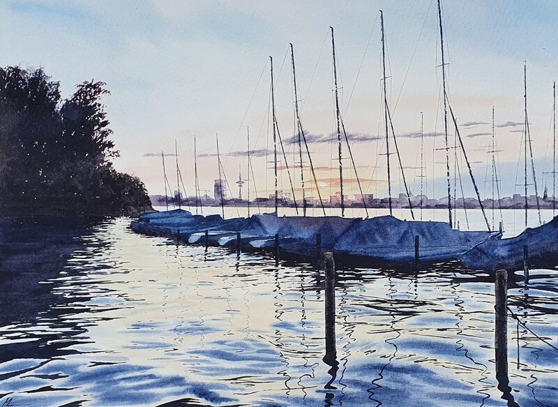 Akvarell Solnedgång över Alster lake av Magnus Liden
