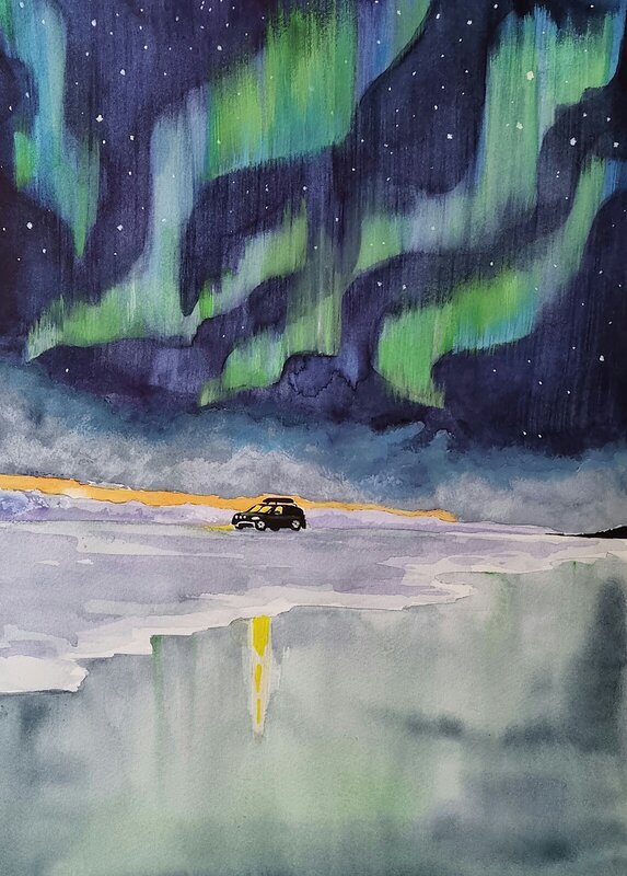 Akvarell Norrsken och bilen av Alicia Bremberg