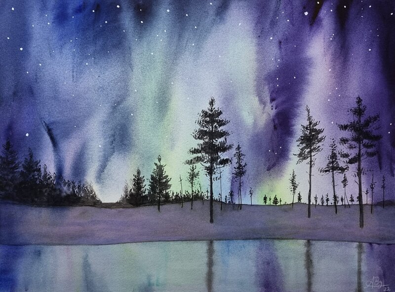 Akvarell Norrsken i Lappland av Alicia Bremberg