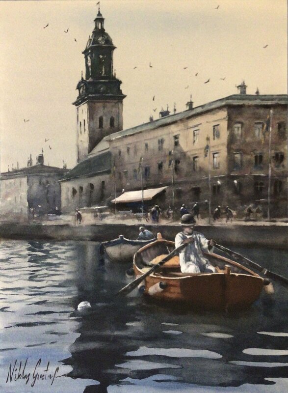 Akvarell Mot kyrkan av Niklas Gustafsson