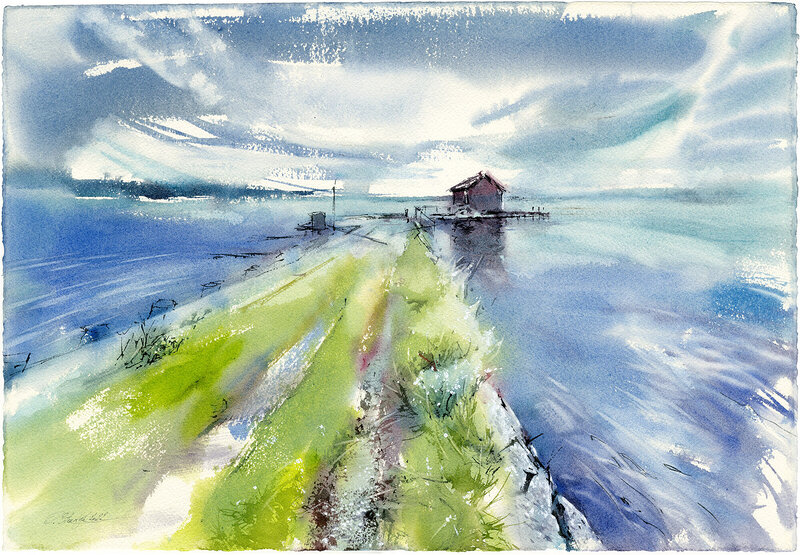 Akvarell Huset på vattnet av Olga Sternyk