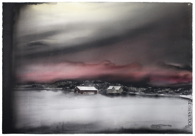 Akvarell Röd himmel över byn av Daniel Zausnig