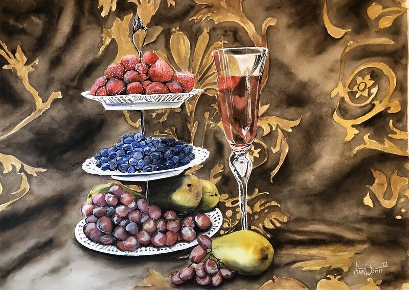 Akvarell Frestelser på ett fruktfat av Märith Sovin