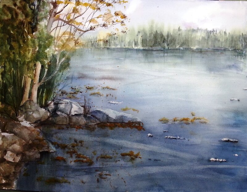Akvarell Is på Älgsjön av Tanya Lundmark