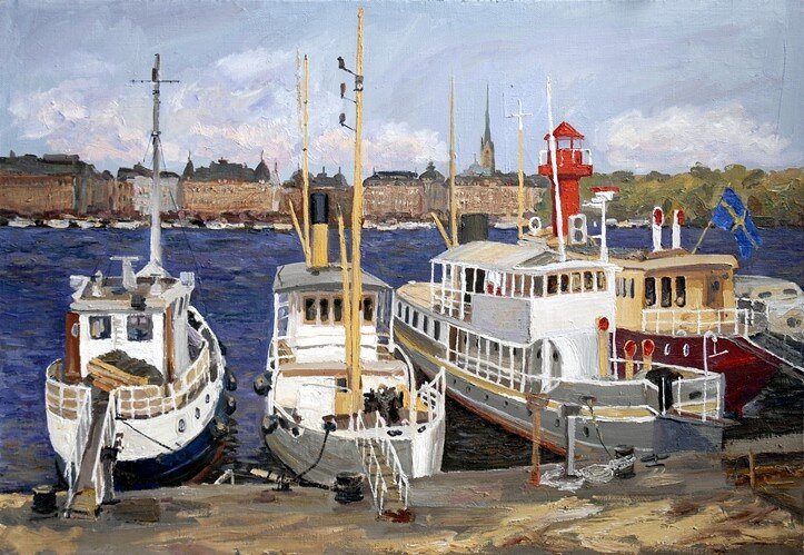 Oljemålning Båtar vid Skeppsholmen av Sergej Karetnikov