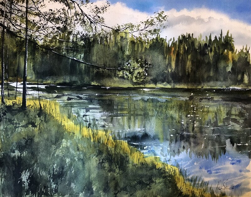 Akvarell Skogstjärn Gagnef, Dalarna (Forest Lake) av Märith Sovin