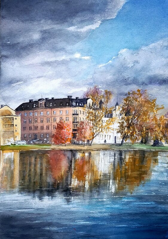 Akvarell Höst vid Klarälven av Bo Wiktorsson
