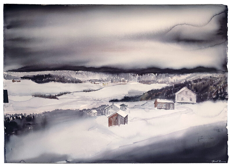 Akvarell Vinter i bygden av Daniel Zausnig