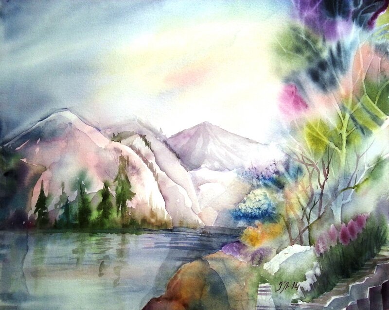 Akvarell The purple landscape av Tanya Lundmark