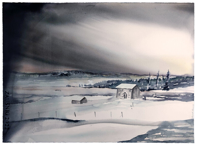 Akvarell Vinter i bygden II av Daniel Zausnig