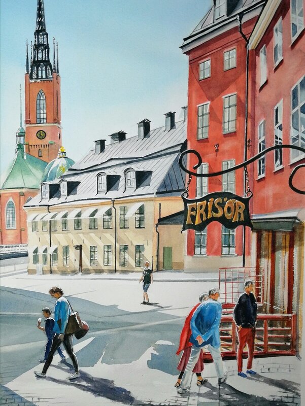Akvarell Stora Gråmunkegränd i Stockholm av Johan Sandell