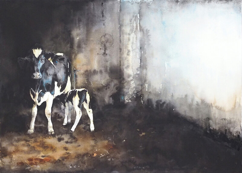 Akvarell Ko med Kalv av Maria Lagesson
