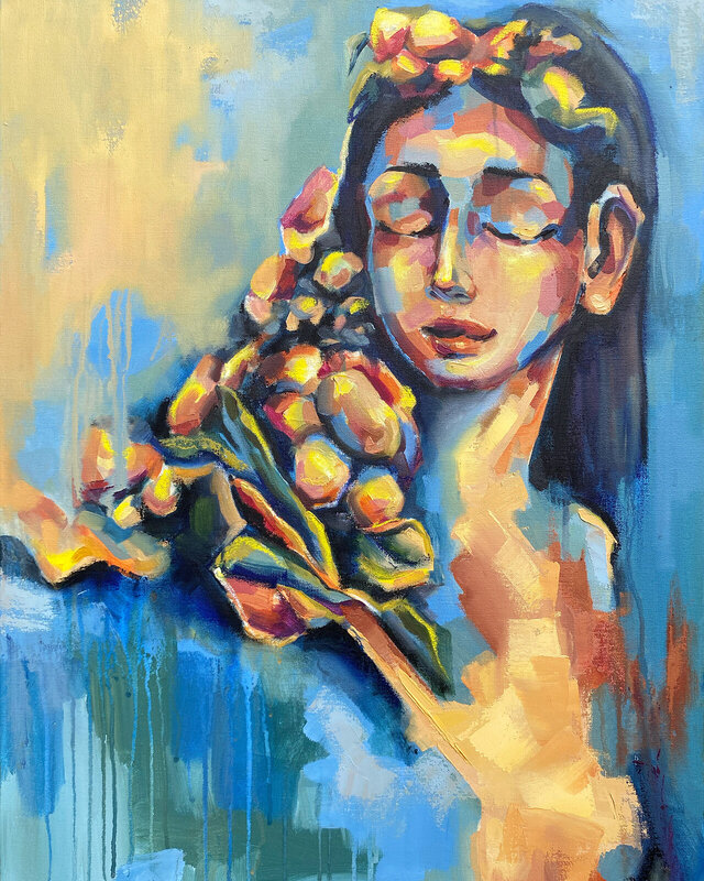 Woman with flowers av Tetiana Cherniavska