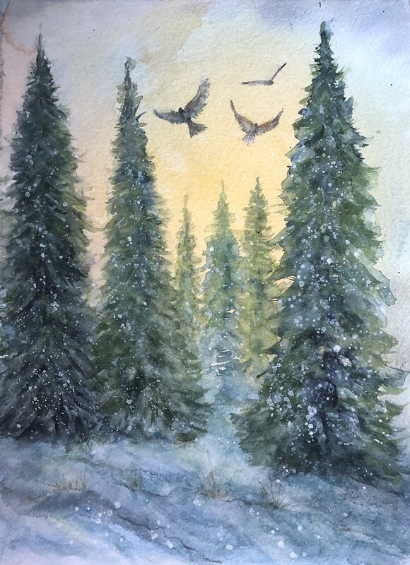 Akvarell Vinterskog av Annelie Wadin