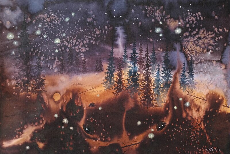 Akvarell Höstnatt och knytt av Anna Komstadius