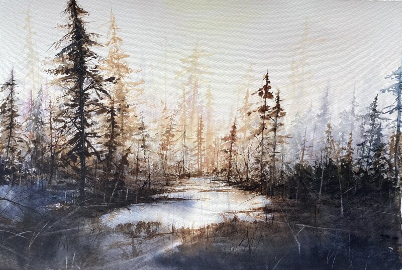 Akvarell Skogsdunge av Emelie Klockarås