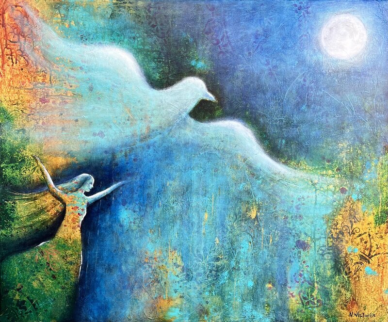 Akrylmålning Flying to the Moon av Nina Wictorin