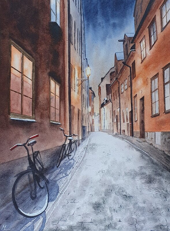 Akvarell Gamla Stan, första snöflingorna. Stockholm av Magnus Liden