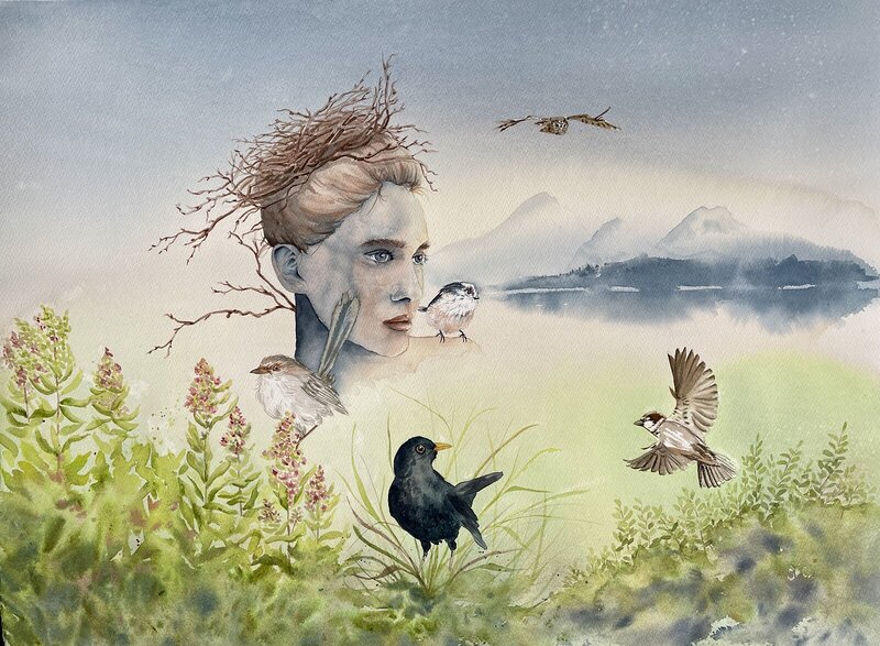 Akvarell Woman of the birds av Caroline Kohn