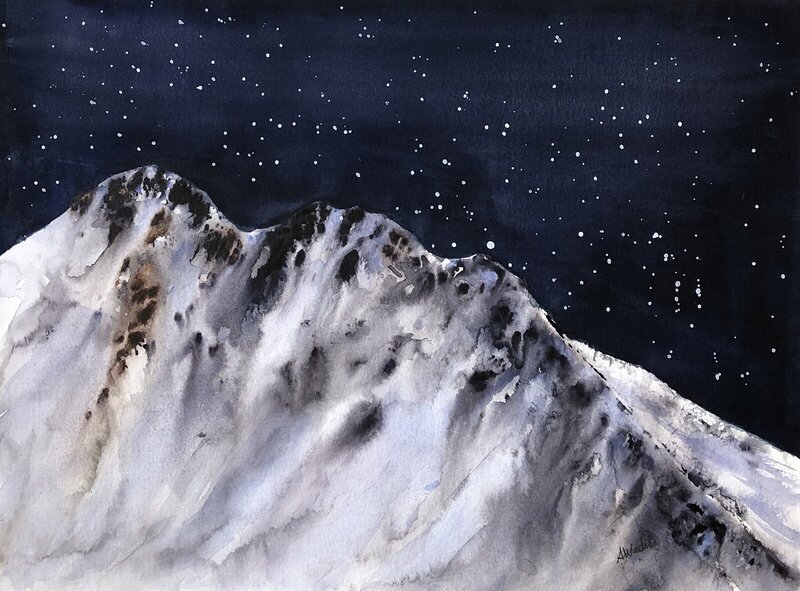 Akvarell Bergsmassivet av Annelie Wadin