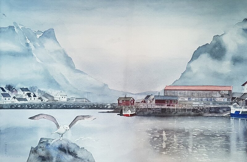 Akvarell Reine, Lofoten av Marietta Larsen