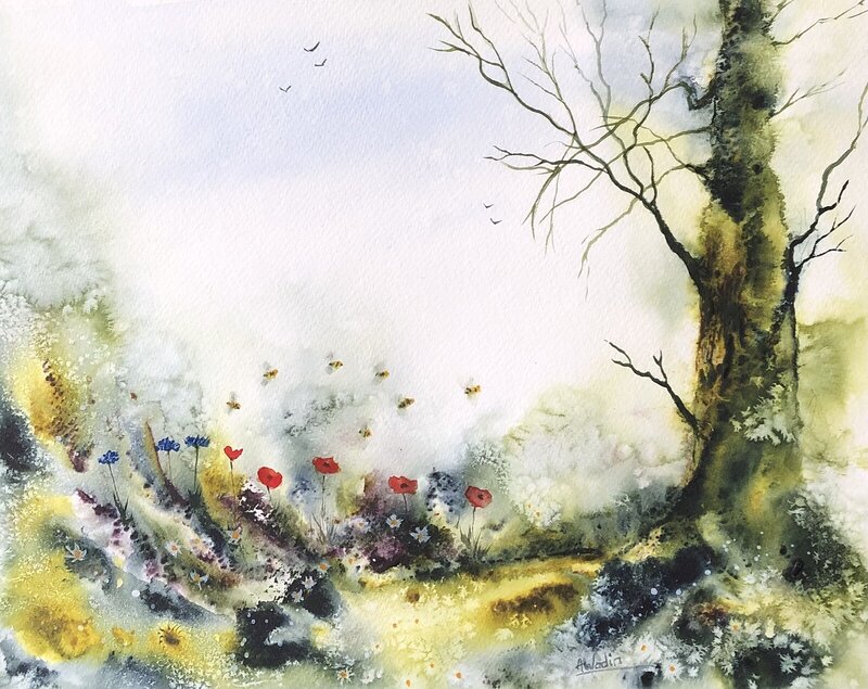 Akvarell Bland blommor och bin. av Annelie Wadin