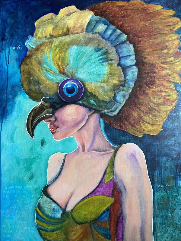 Akrylmålning Woman with a big bird on her head, Helena Berggren