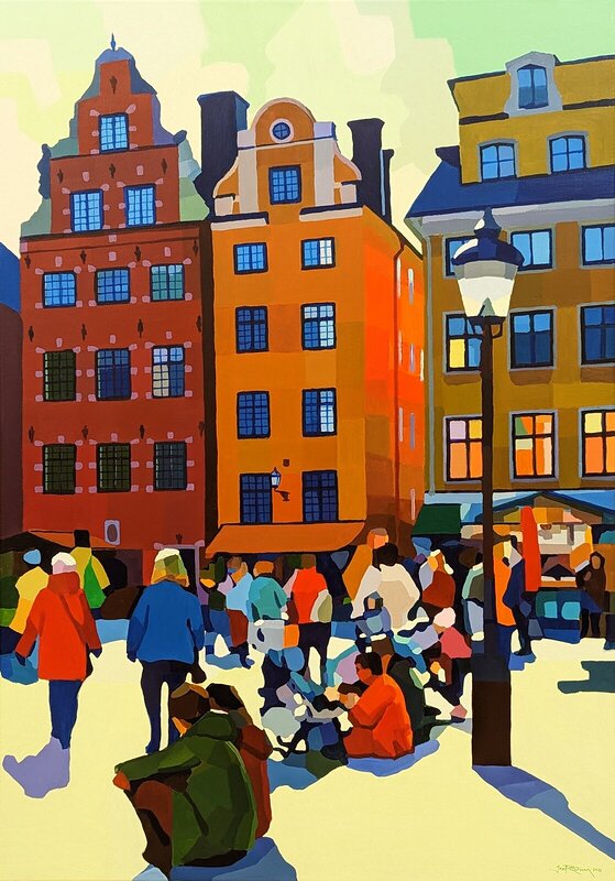 Akrylmålning Vårsol på Stortorget av Josef Petersson