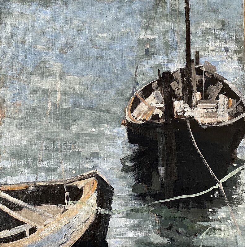 Oljemålning Två båtar Borgholms hamn av Anders Olsson