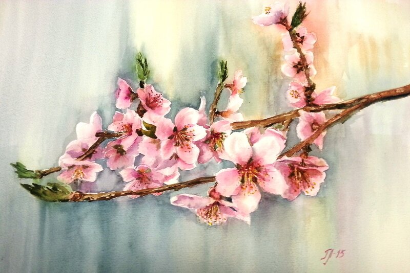 Akvarell Persika blommning av Tanya Lundmark