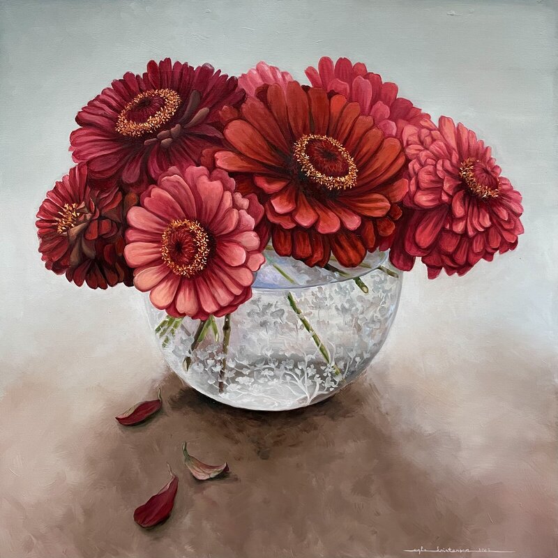 Oljemålning Red zinnias in vase - Röda zinnia blommor i vas av Egle Kristensen