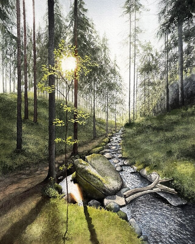 Akvarell Skogens hjärta av Jeanette Malmberg