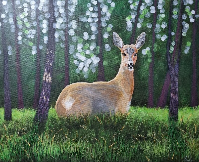 Akrylmålning Rådjur i skogsmark av Alicia Bremberg