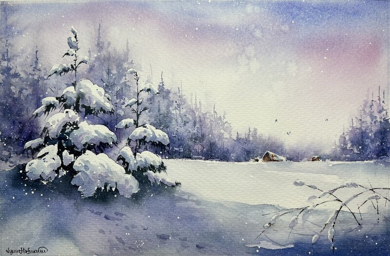 Akvarell Vinterdal av Lynn Hofmann