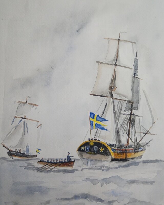Akvarell Kungens överfart från Valfisken till Snappup av Karolinermålaren Malmgren