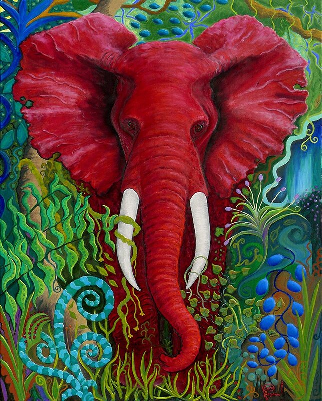 Oljemålning Den stora röda elefanten av Eva Bergman