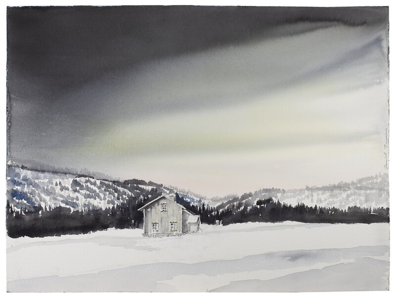 Akvarell Ödehus i vinterlandskap av Daniel Zausnig
