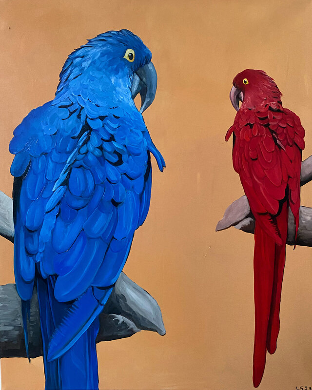 Oljemålning Blå och röd papegoja av Ludvig Sjövik